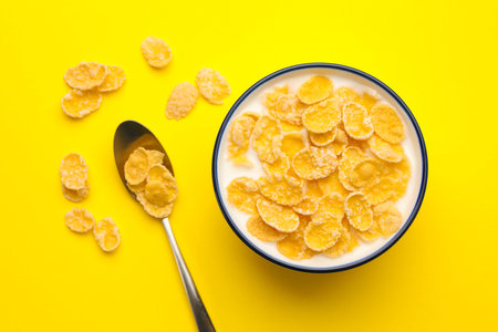 Tasty corn flakes with milk in bowl served on yellow table, flat layの写真素材