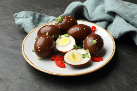 Pickled quail eggs on black table, closeup