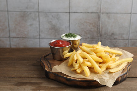 Tasty french fries with sauces on wooden table
