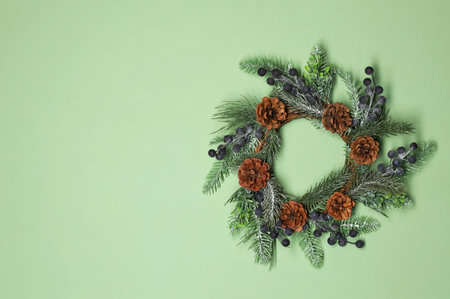 Beautiful Christmas wreath on light green wall, space for text