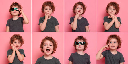 Cute little boy showing different emotions on pink background. Collage of portraits