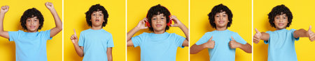 Cute little boy showing different emotions on orange background. Collage of portraits