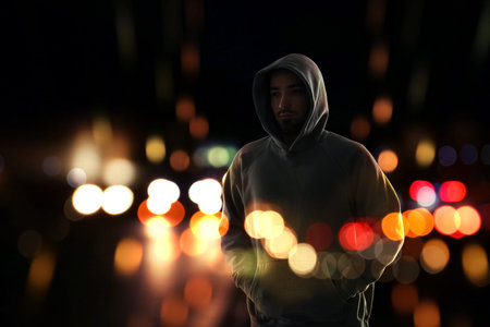 Criminal in hooded sweatshirt in city at night