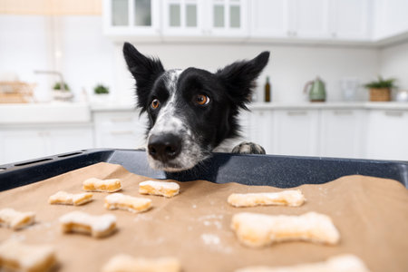 Cute dog near tray with raw bone shaped cookies on wooden table in kitchen