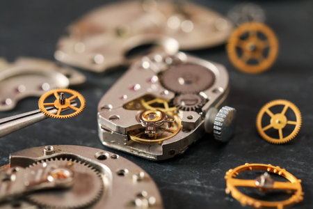 Mechanism of vintage wrist watch and gears on black table, closeup