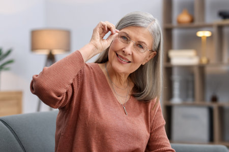 Portrait of smiling senior woman in glasses on sofa at home