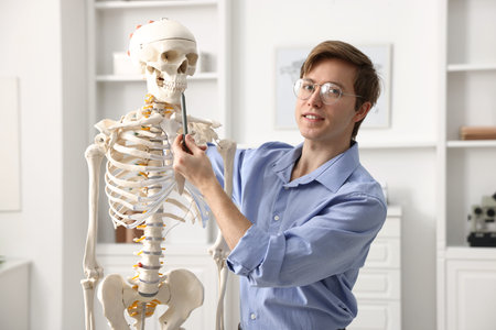 Teacher demonstrating human skeleton model in classroom. Anatomy lesson