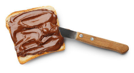 Toast with chocolate paste and knife isolated on white, top view