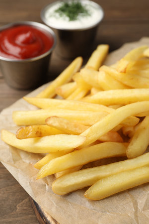 Tasty french fries with sauces on wooden table, closeup