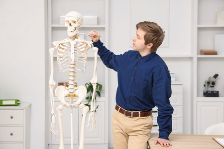 Teacher demonstrating human skeleton model in classroom. Anatomy lesson