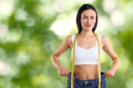 Happy woman in her old jeans against blurred green background. Weight loss result