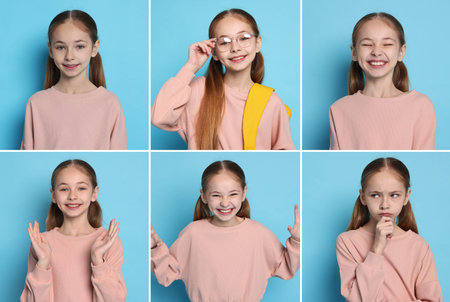 Cute little girl showing different emotions on light blue background. Collage of portraitsの写真素材