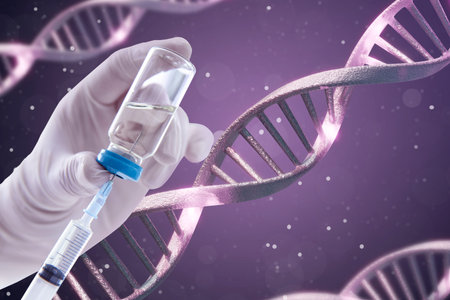 Scientist filling syringe with medication against DNA spirals, closeup. Biochemistry and researches...