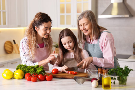 Smiling grandmother, her daughter and granddaughter cooking together at white marble table in...