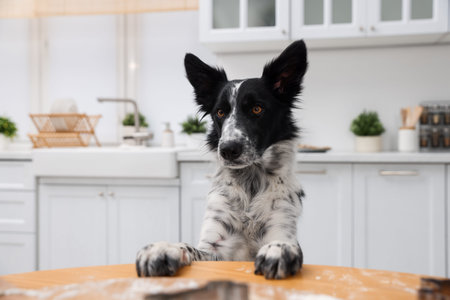Cute dog near tray with raw bone shaped cookies on wooden table in kitchenの写真素材