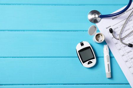 Diabetes. Digital glucometer, pen, test strips, stethoscope and record form on light blue wooden table, flat layの写真素材