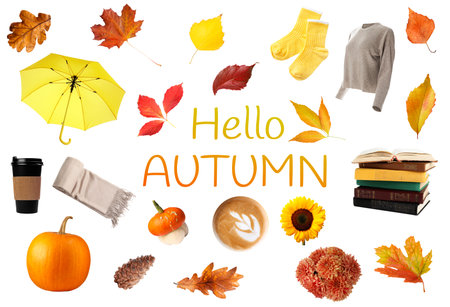 Hello autumn. Pumpkins, umbrella, coffee and fallen leaves isolated on white, collage