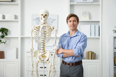 Teacher demonstrating human skeleton model in classroom. Anatomy lesson