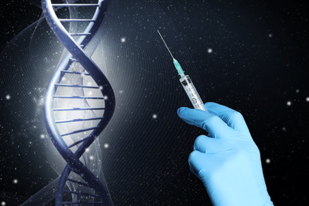 Scientist holding syringe against DNA spiral, closeup. Biochemistry and researches in geneticsの写真素材