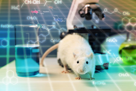 Rat, glassware and microscope on table in laboratory. Chemical skeletal formulas