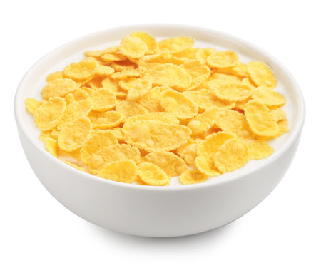 Tasty corn flakes with milk in bowl isolated on white