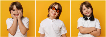 Little boy on orange background, collection of portraits