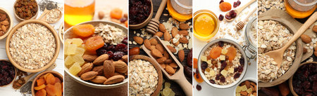 Collage with ingredients for granola or muesli. Rolled oat flakes, nuts and dried fruits