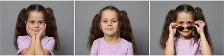 Little girl on grey background, collection of portraits