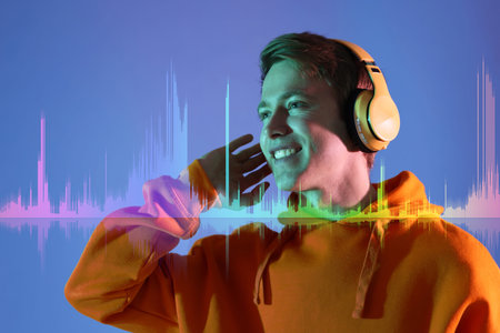 Young man listening to music through headphones and sound waves on blue background