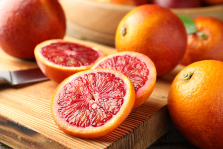 Whole and cut Sicilian oranges on table, closeup
