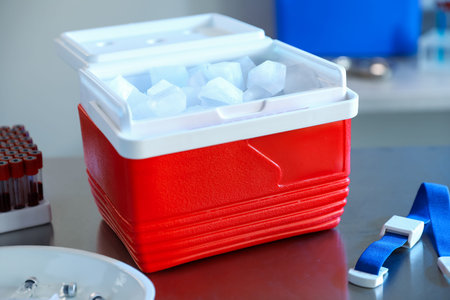 Cool box with ice cubes, test tubes of blood samples and medical tourniquet on table in clinic,...