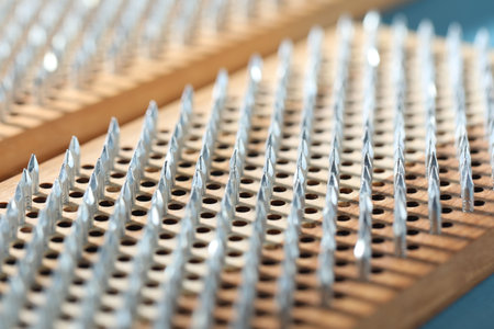 Nail standing practice. Sadhu boards as background, closeup
