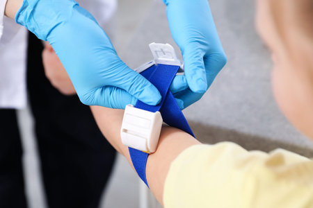 Doctor applying medical tourniquet onto patient's arm in clinic, closeup