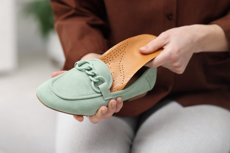Woman putting orthopedic insole into shoe indoors, closeup