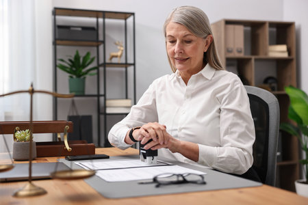 Notary stamping document at wooden desk in office