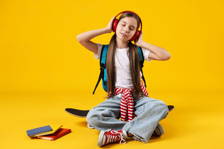School holidays. Cute schoolgirl with backpack, books, penny board and headphones on yellow...