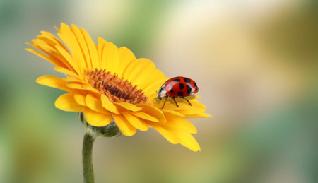 Spring season. Small ladybug on yellow gerbera flower against blurred background