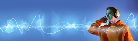 Young man listening to music through headphones on blue background. Sound waves passing through him