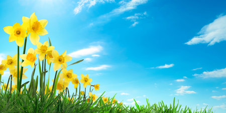 Yellow daffodil flowers growing among green grass under blue sky on sunny day, banner design. Spring...