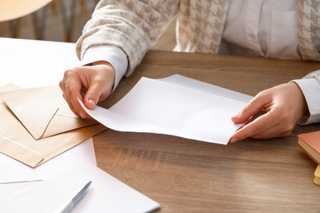 Woman reading letter at wooden table indoors, closeup