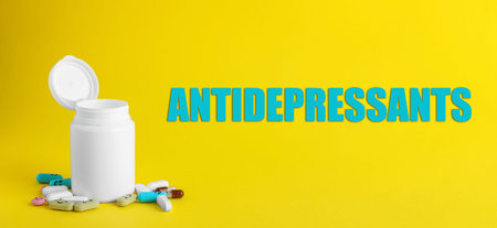 Antidepressants. Drug bottle with pills on yellow background, banner design