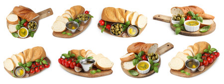 Baguette and dipping oil isolated on white, set. Top and side view
