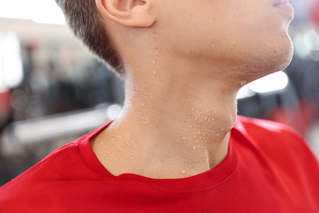 Man with sweat on his body in gym, closeup