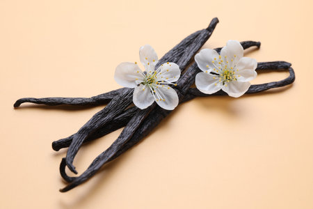 Aromatic vanilla pods and flower buds on beige background, closeup