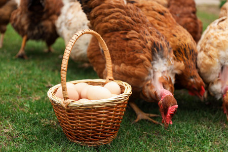 Fresh chicken eggs in wicker basket and hens feeding in yard, closeup