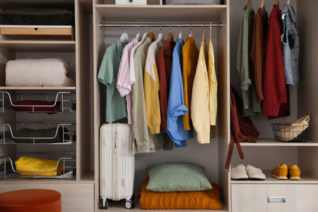 Large wardrobe with clothes, shoes, home textile and suitcase indoors