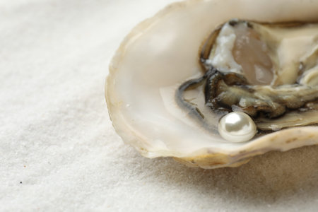 Oyster shell with pearl on sand, closeup