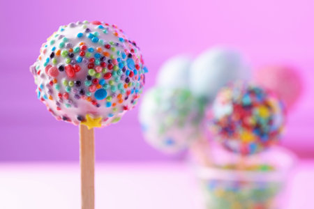 Tasty cake pops on blurred background, selective focus. Space for text