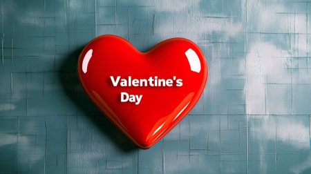 Big red heart with inscription Valentines Day on wooden backgroundの素材