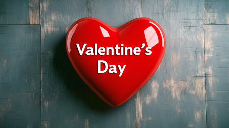 Red heart with inscription Valentines Day on wooden backgroundの素材